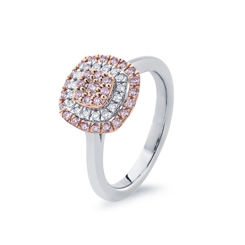 18ctWG Argyle Pink Diamond and white diamond ring. Square top, Pave set