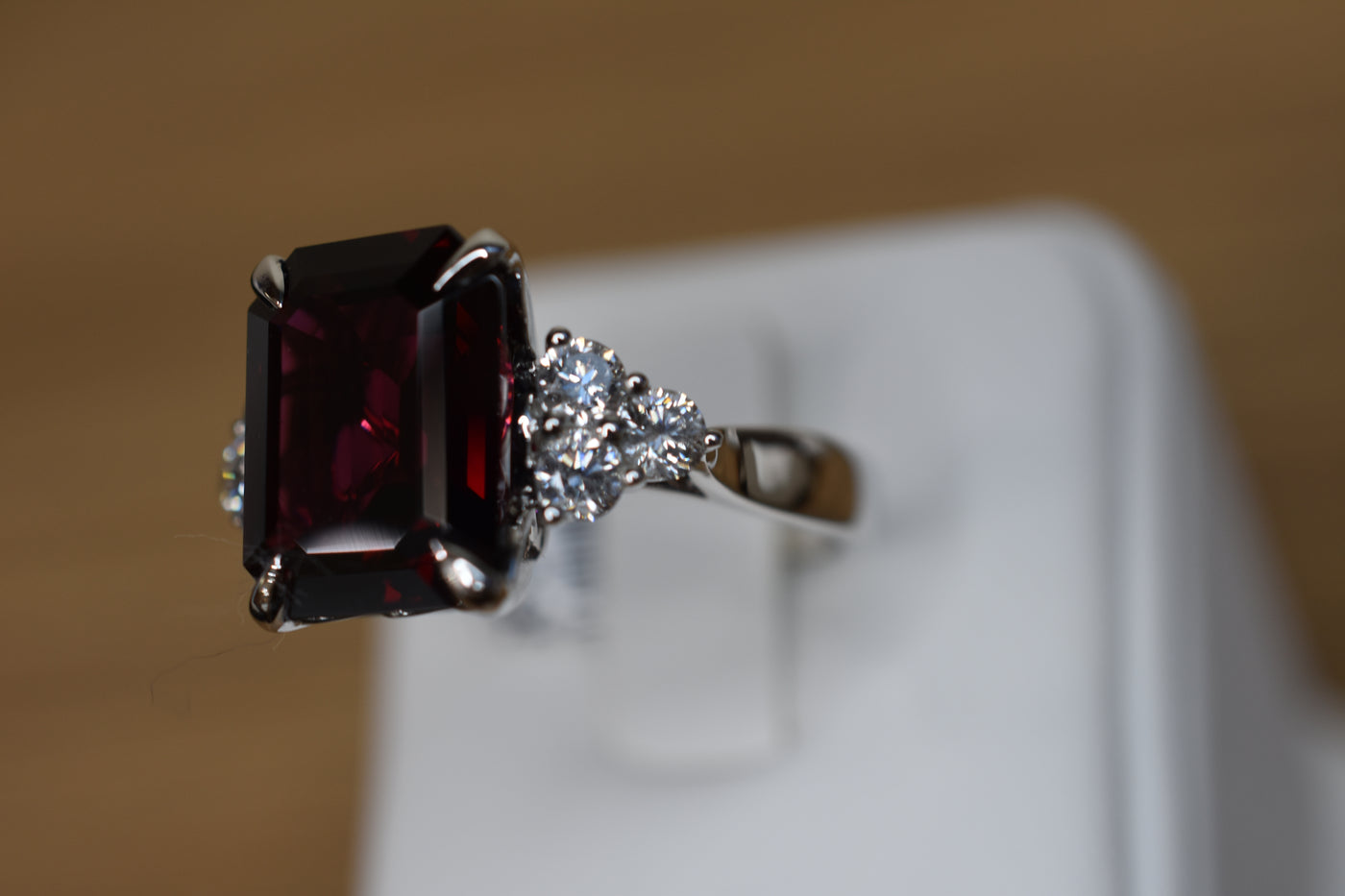 18ct white gold, Rhodolite Garnet and diamond set ring