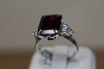 18ct white gold, Rhodolite Garnet and diamond set ring