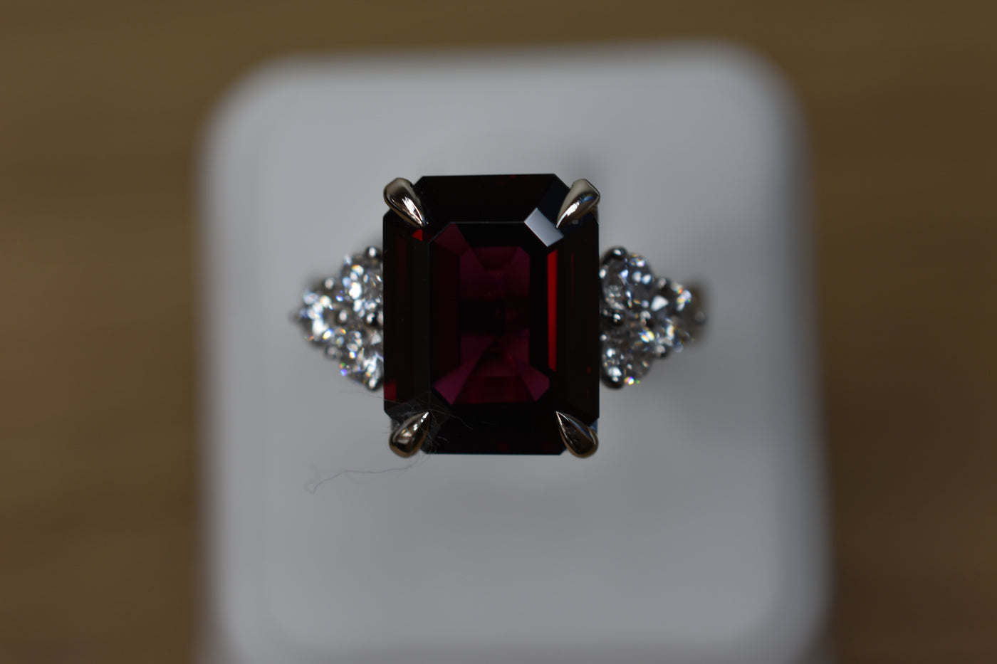 18ct white gold, Rhodolite Garnet and diamond set ring