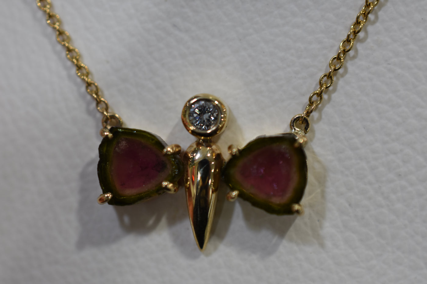 Tourmaline and diamond set butterfly pendant and chain