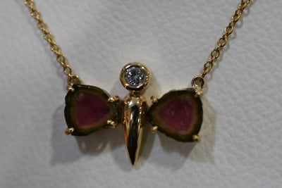 Tourmaline and diamond set butterfly pendant and chain