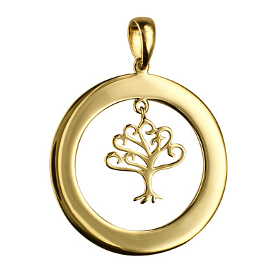 9ct YG flat circle pendant w swinging Tree of Life