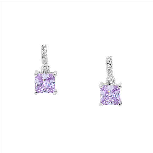 Silver, purple square CZ set w white CZ, stud style earrings