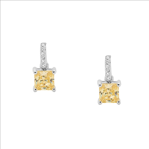 Silver white and yellow CZ stud drop earrings