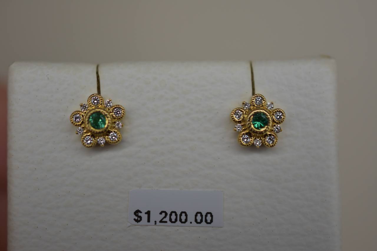 9ct yellow gold, Emerald and diamond earring studs