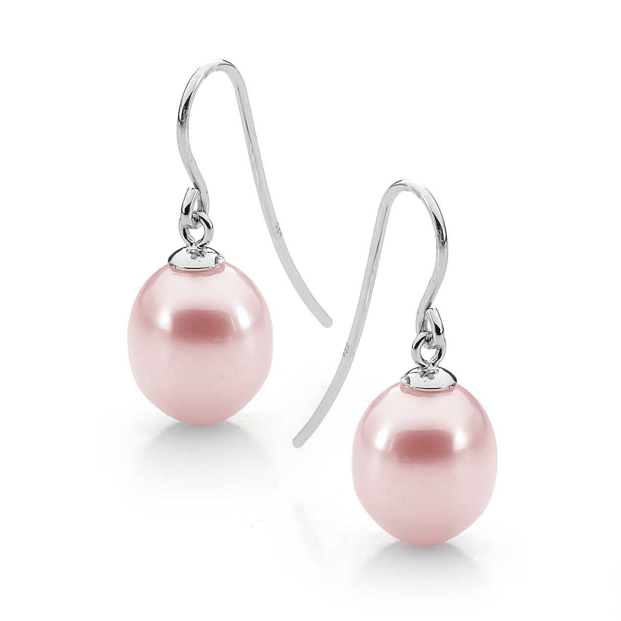 Silver Sheph hook drop earrings, Pink 7.5-8mm freshwater oval
