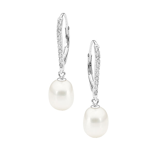 Silver, White FWP 8.5-9mm CZ set Continental clip earrings