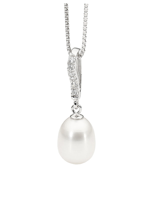 Silver, white FWP 8.5-9mm & CZ set pendant