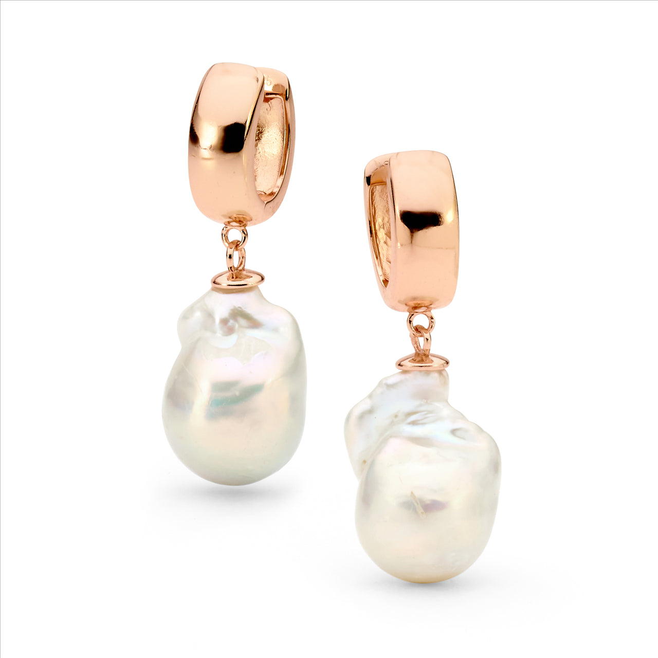 Silver, Rose gold plated huggies w 13-14mm Baroque nucleated pearl drop E/R
