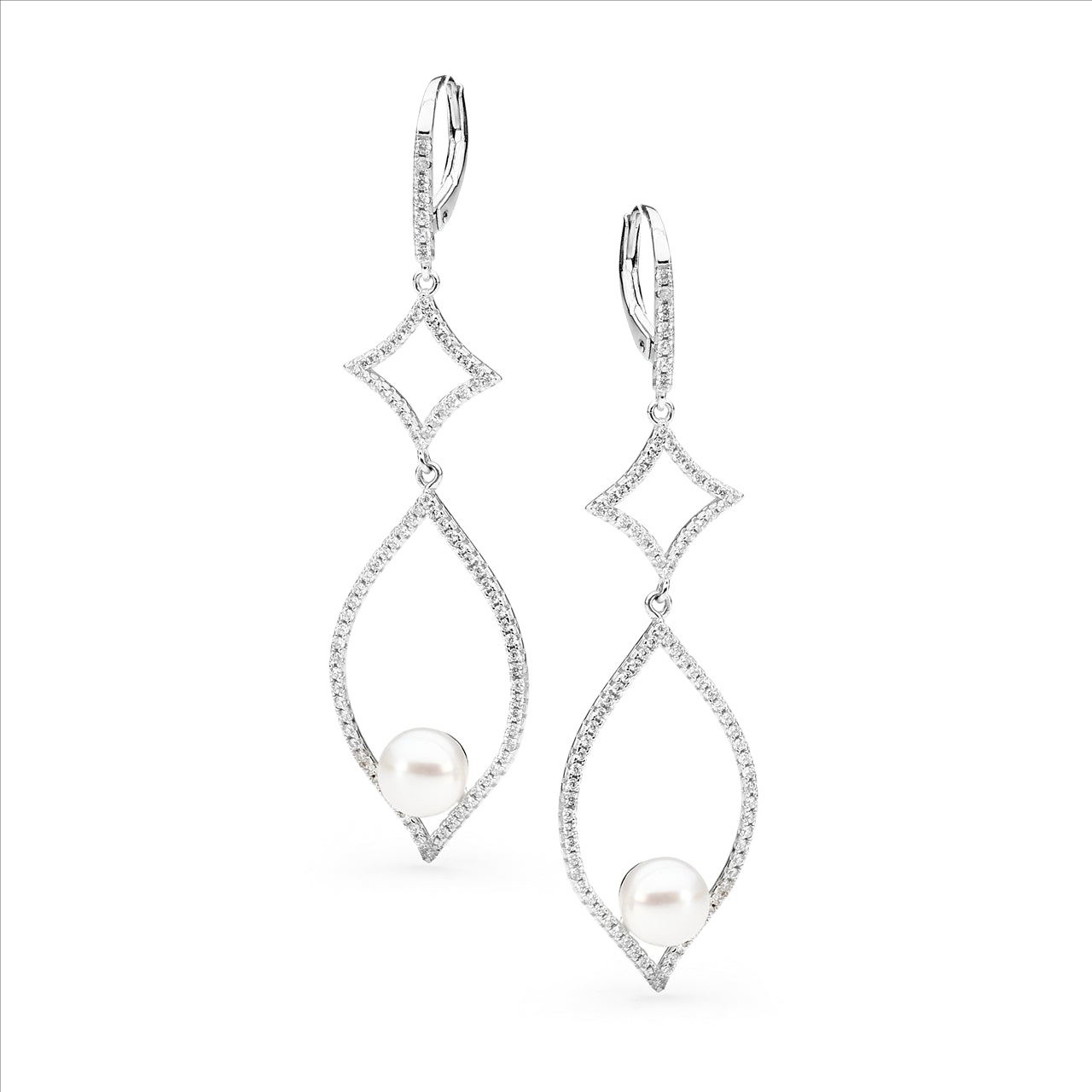 Silver, CZ and White Freshwater Pearl continental hook earrings