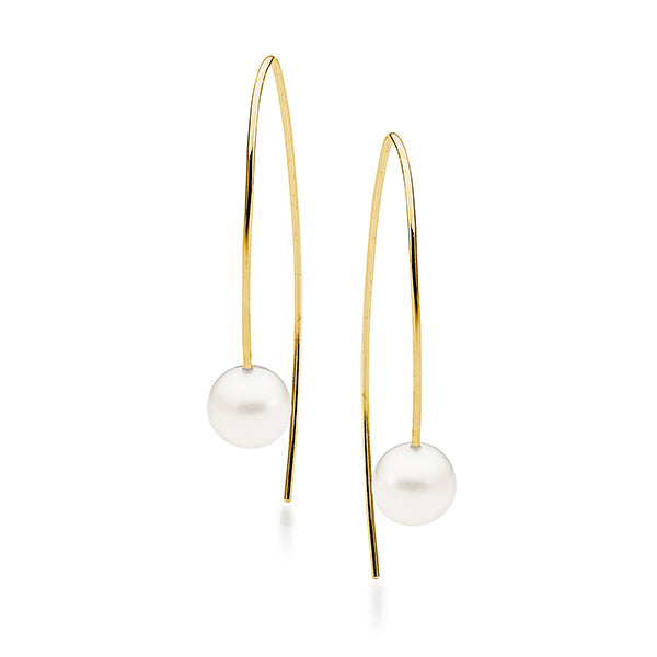 9ct YG long sheph hook E/R with White Freshwater Pearl