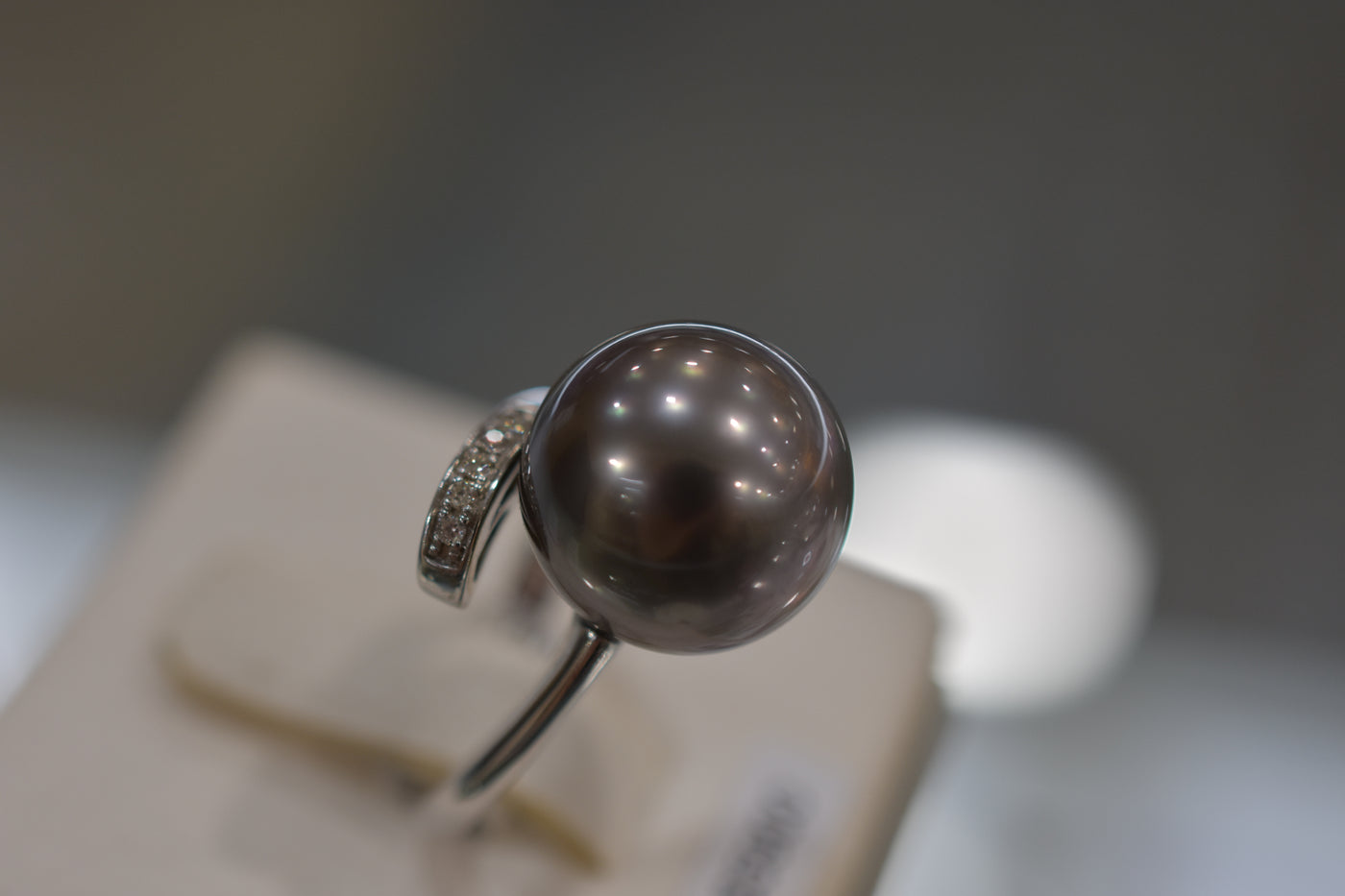14mm Tahitian white gold and diamond set ring