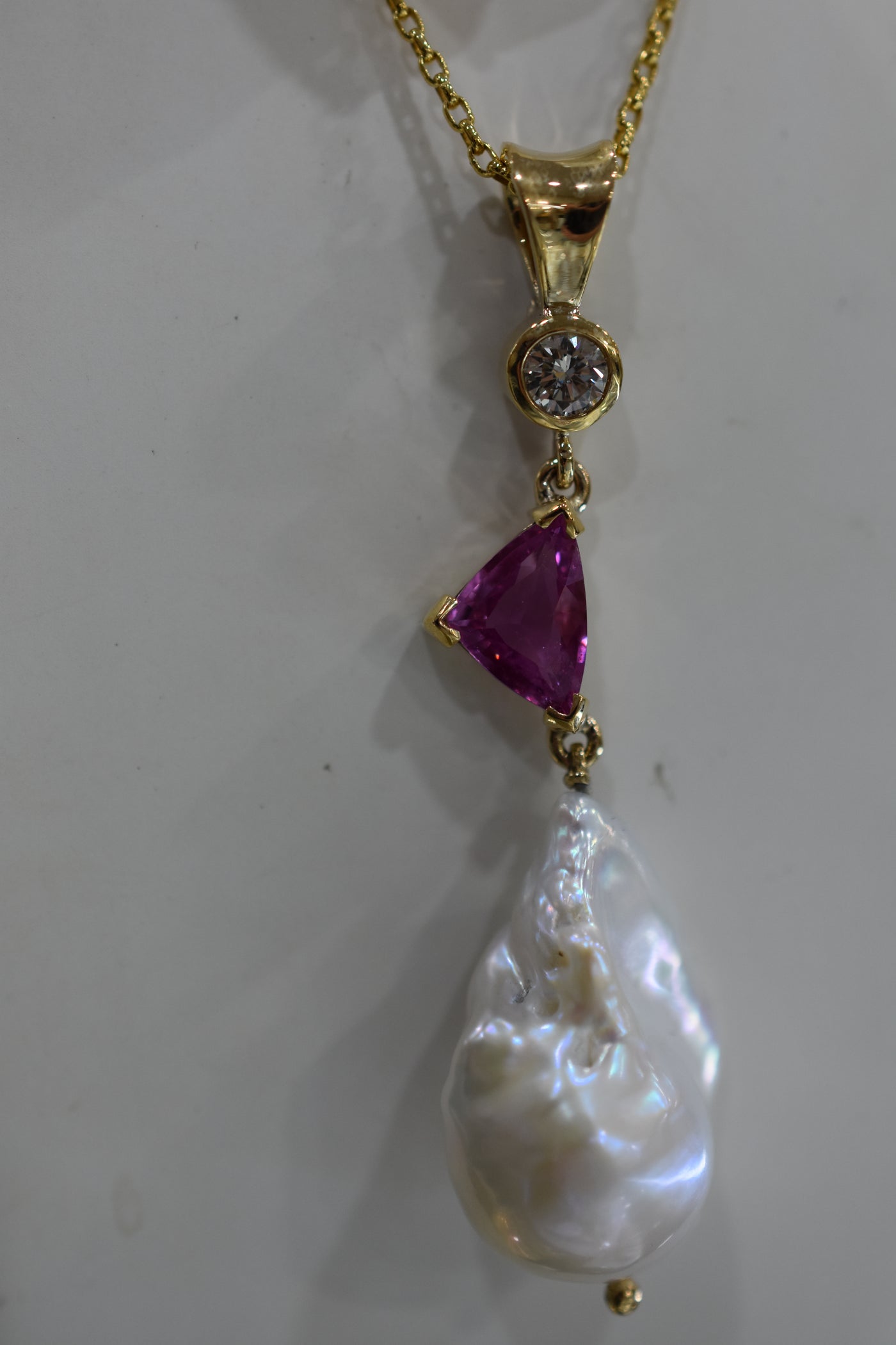 Pink Sapphire, Baroque Freshwater Pearl and Diamond pendant