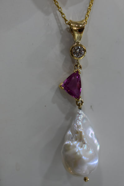 Pink Sapphire, Baroque Freshwater Pearl and Diamond pendant