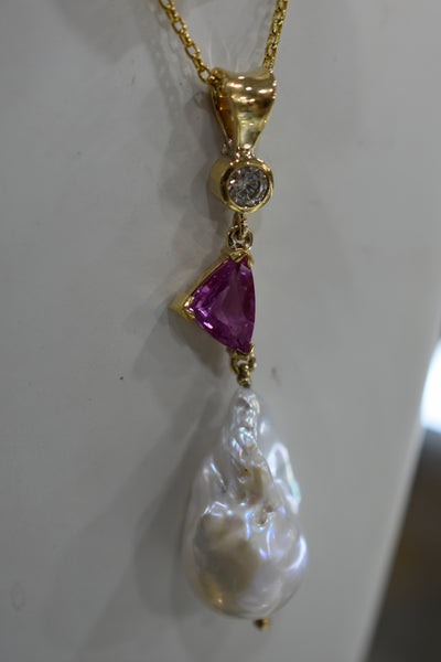 Pink Sapphire, Baroque Freshwater Pearl and Diamond pendant