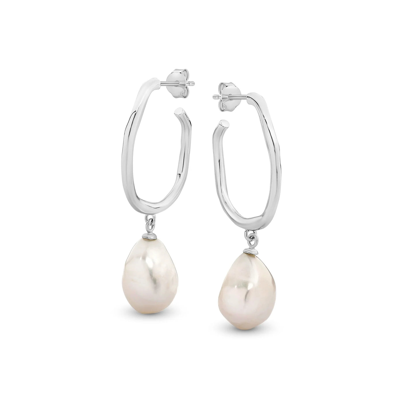 Sterling silver hoops with fixed Baroque Pearl