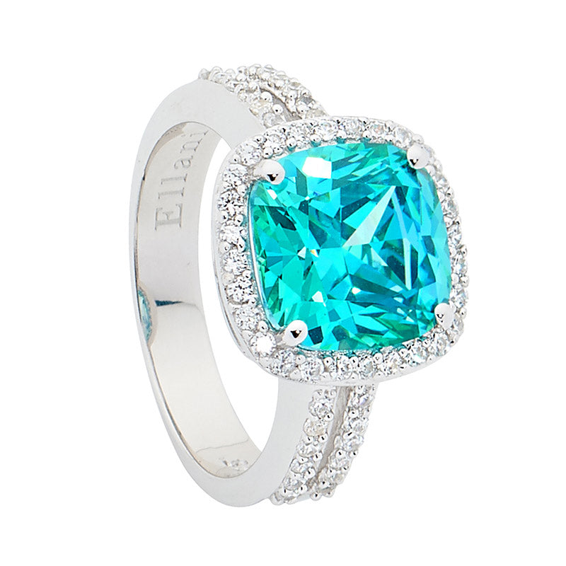 Sterling silver, cushion cut Mint colour centre CZ, CZ set shoulders