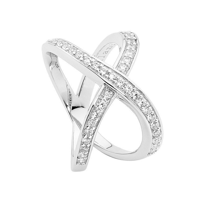 Silver, CZ set cross over ring