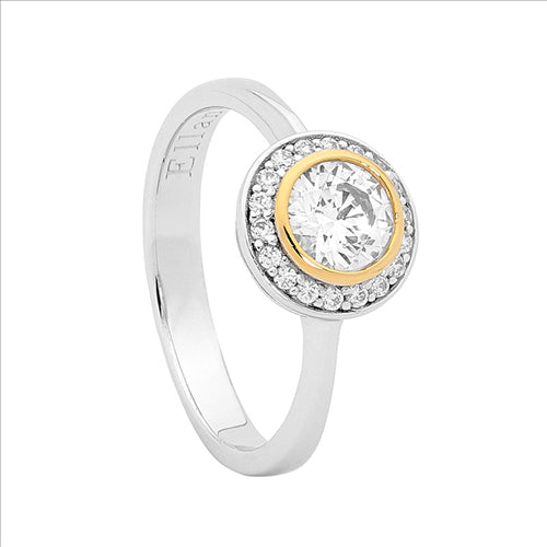 Sterling silver, roudn CZ set in GP bezel, halo of white CZ