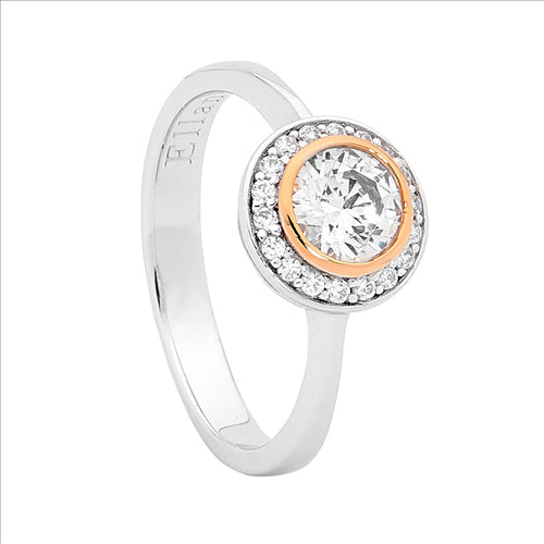 Silver CZ set halo style ring, rose gold plated centre bezel