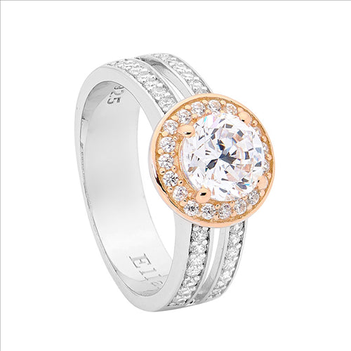 Silver, double row CZ rnd centre CZ set w halo white CZ, rose gold plated setting