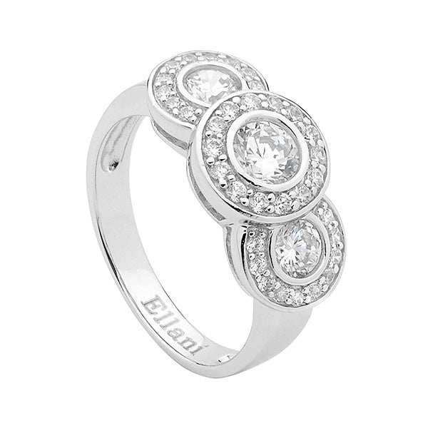 Silver, Trilogy set in bezel with halo of white cz