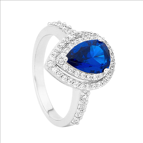 Silver, Blue CZ pear shape, double halo of white CZs and CZ set on shoulder, ring.