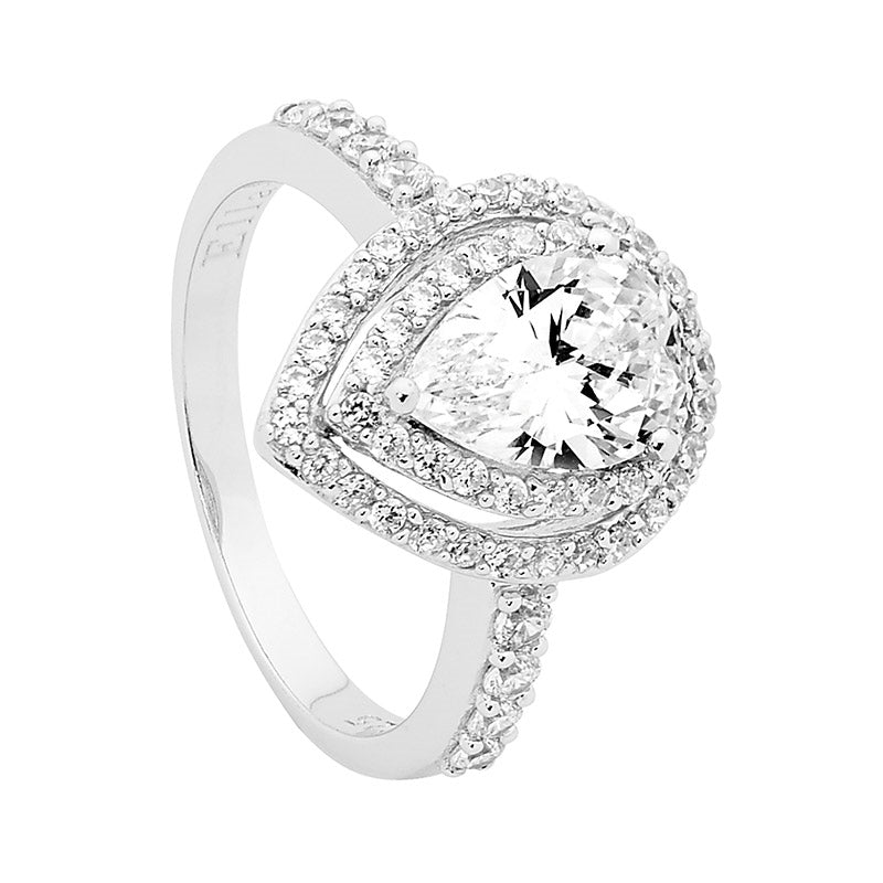 SIlver,White pear shaped CZ with double halo and CZ set on shoulders, ring.