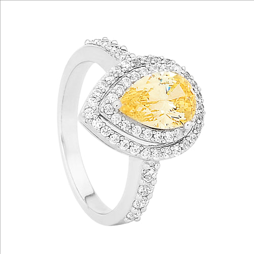 Silver, Yellow coloured CZ pear shaped, double halo of white CZs ring.