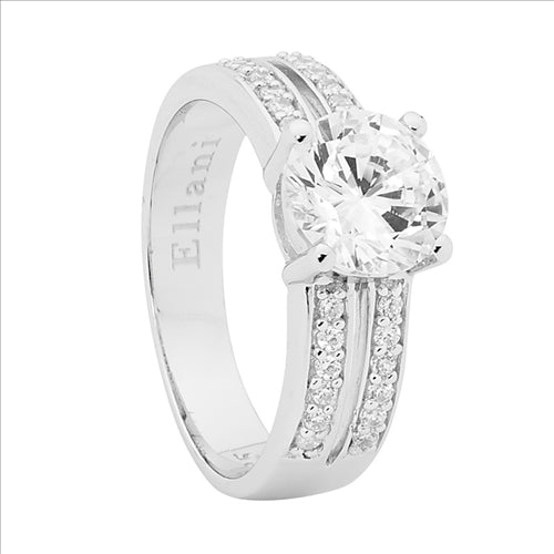 SIlver, CZ claw set cnetre stone, with CZ in double row set on shoulder
