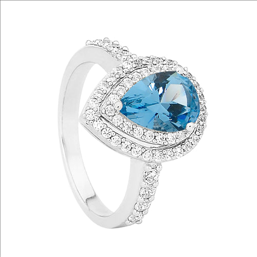 Silver, blue CZ surrounded by clear CZ ring