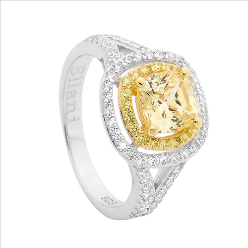 Silver, yellow CZ centre stone, Gold plated setting, double halo w yellow CZ