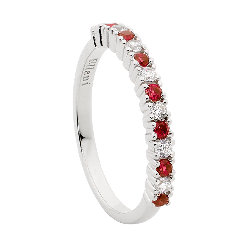 Silver, red and white CZ set single row ring