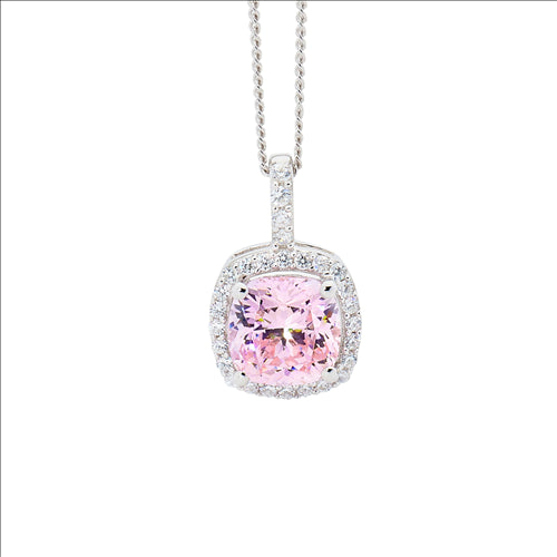 Silver, Pink CZ centre stone w halo of white CZ pendant and chain