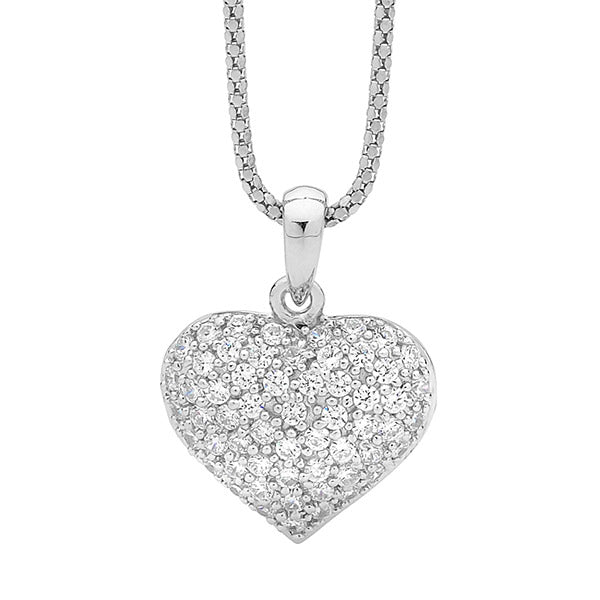 Silver, CZ set puff heart pendant and chain