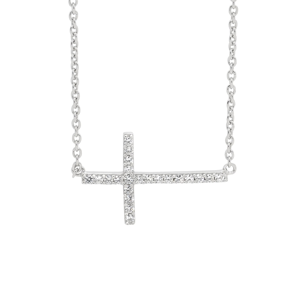 Silver, CZ set cross laying on side, w chain attached