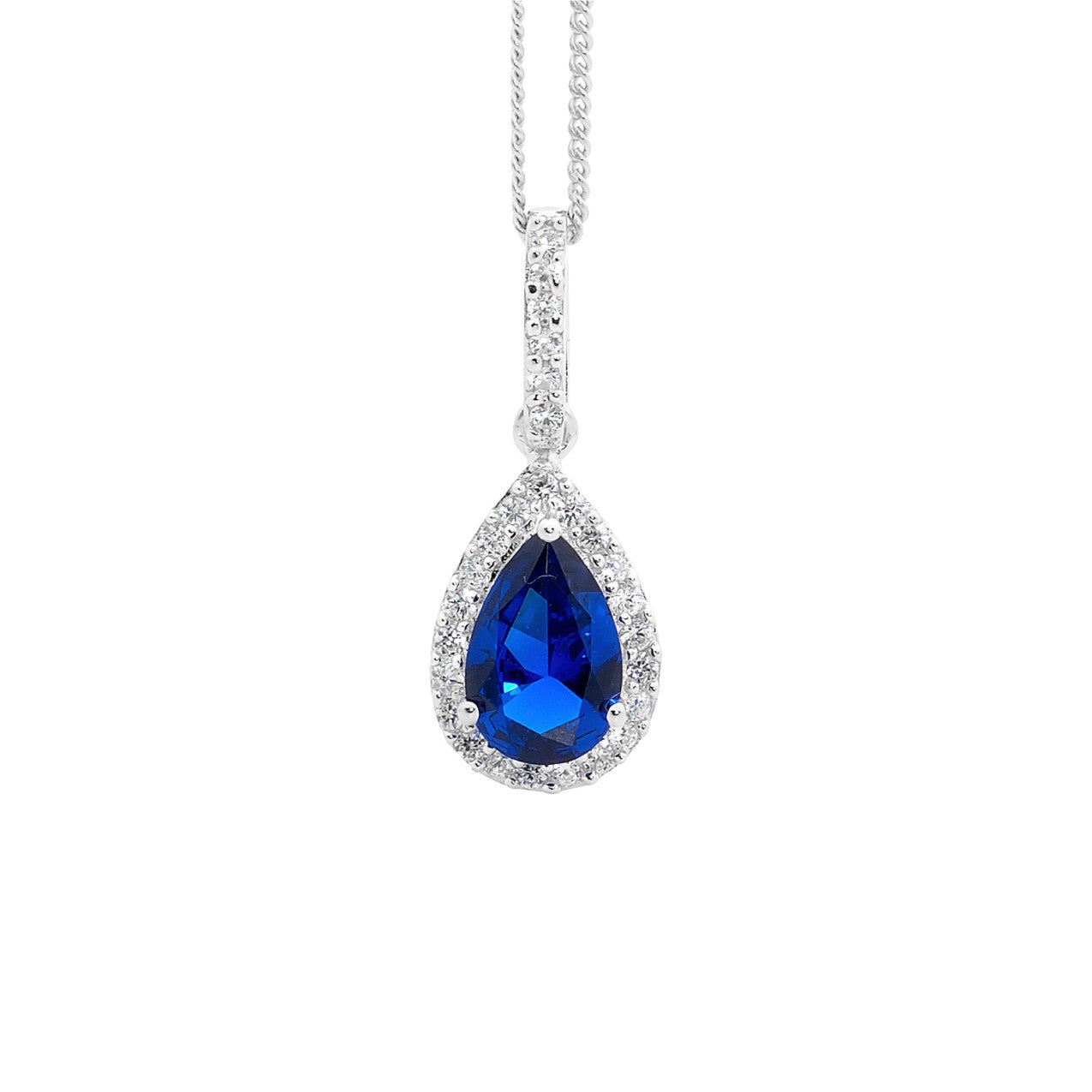 Silver, Blue CZ pear shape centre stone, halo of white CZ pendant w chain