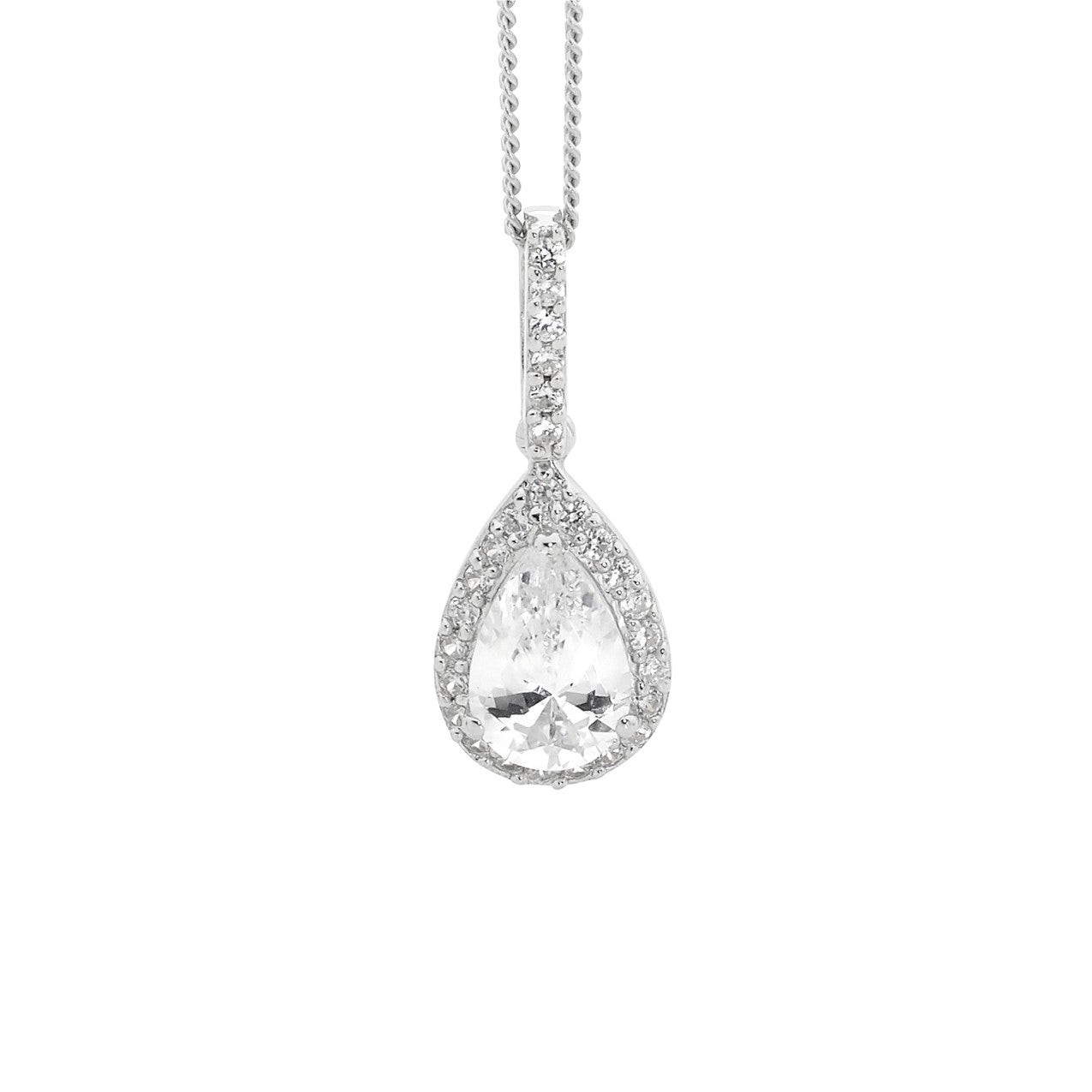 Silver white CZ pear shape w halo, pendant and chain