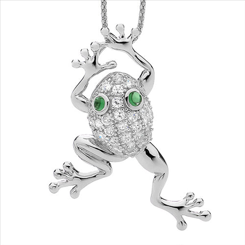 Silver, CZ set Frog w green CZ eyes and chain