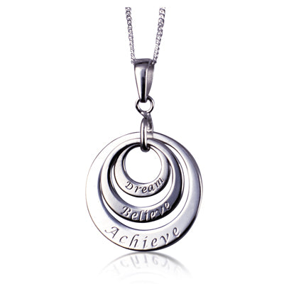 Silver embossed triple disc pendant 'Dream/Believe/Achieve'