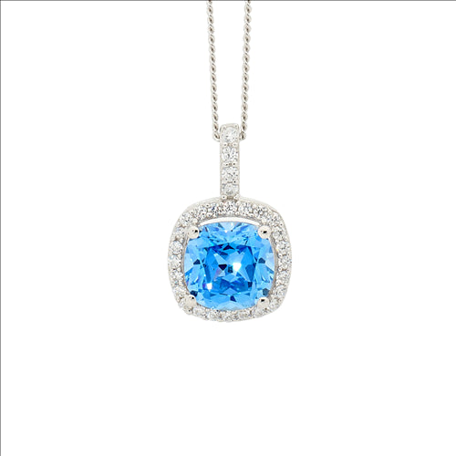 Silver, Fancy blue set CZ cushion cut w halo pendant and chain