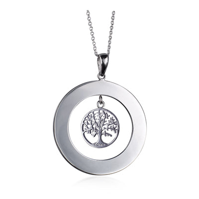 SS double flast disc pendant w hanging Tree of Life inside.