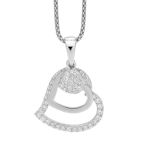 Silver, triple Heart pendant w CZ's