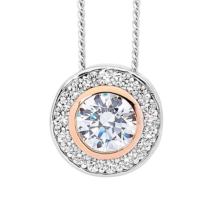 Silver, round CZ rose plated bezel set w Halo pendant and chain