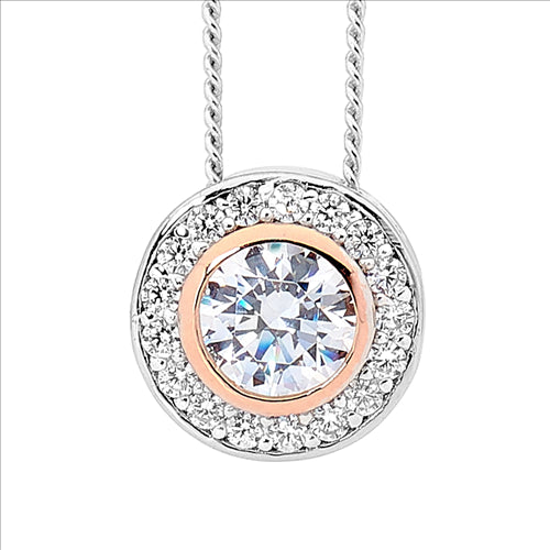 Silver, round CZ rose plated bezel set w Halo pendant and chain