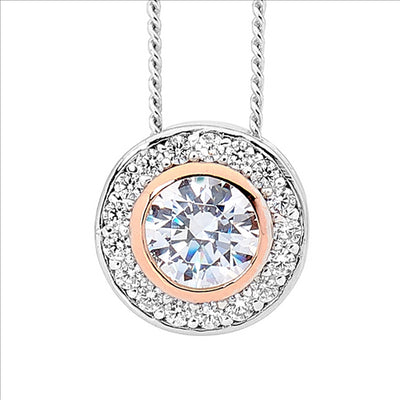 Silver, round CZ rose plated bezel set w Halo pendant and chain