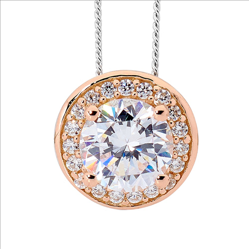 Silver WH CZ Solitaire w/ Halo & Rose Gold Plating Pendant and chain