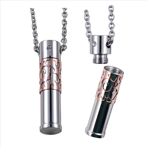 Stainless steel, rose plated parts, twisted cylinder pendant
