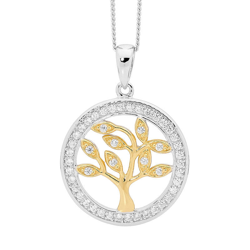 Sterling silver, yellow gold plated, cubic zirconia 'Tree Of Life' and chain.